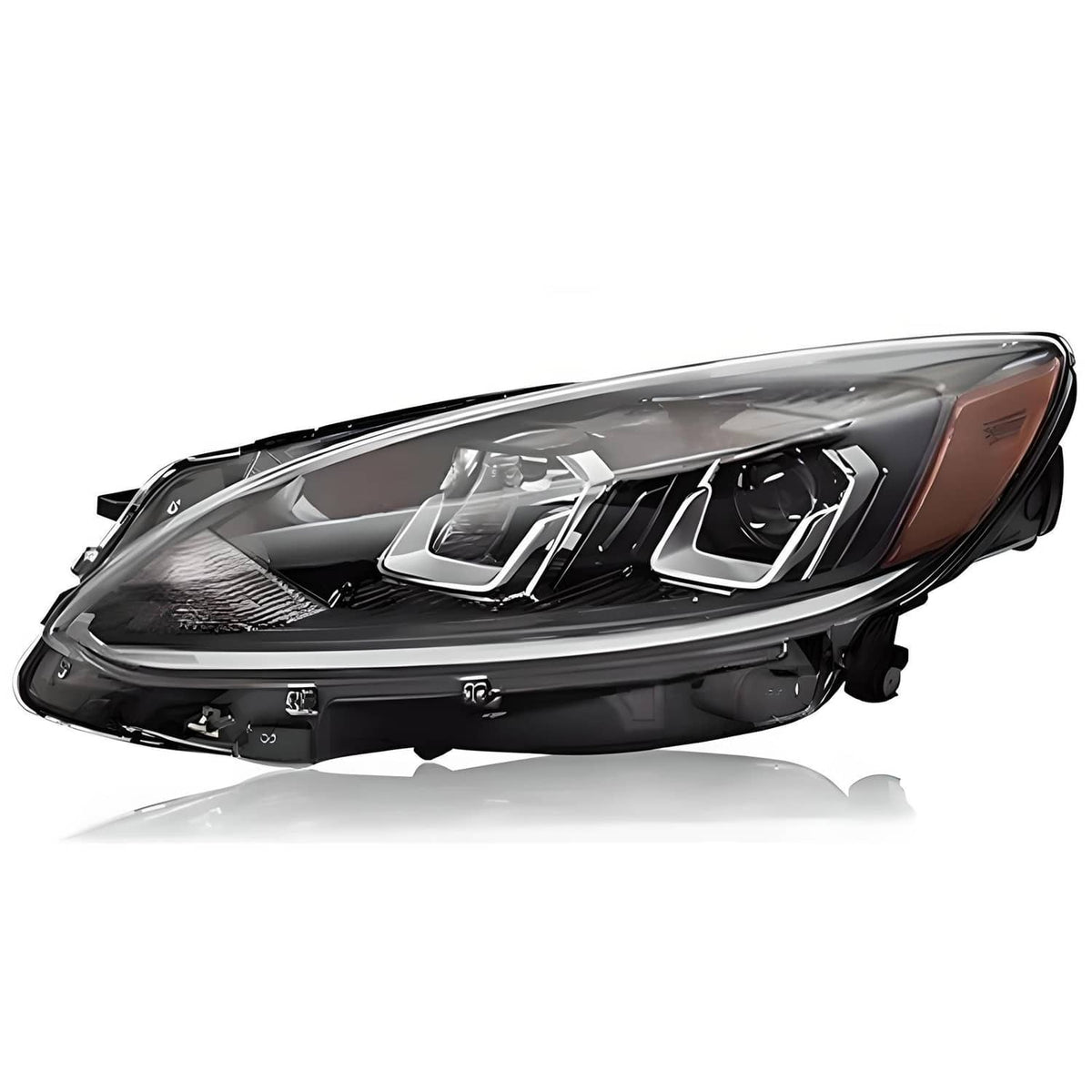 Left halogen headlight assembly with clear lens, chrome reflectors, and amber side marker, front view