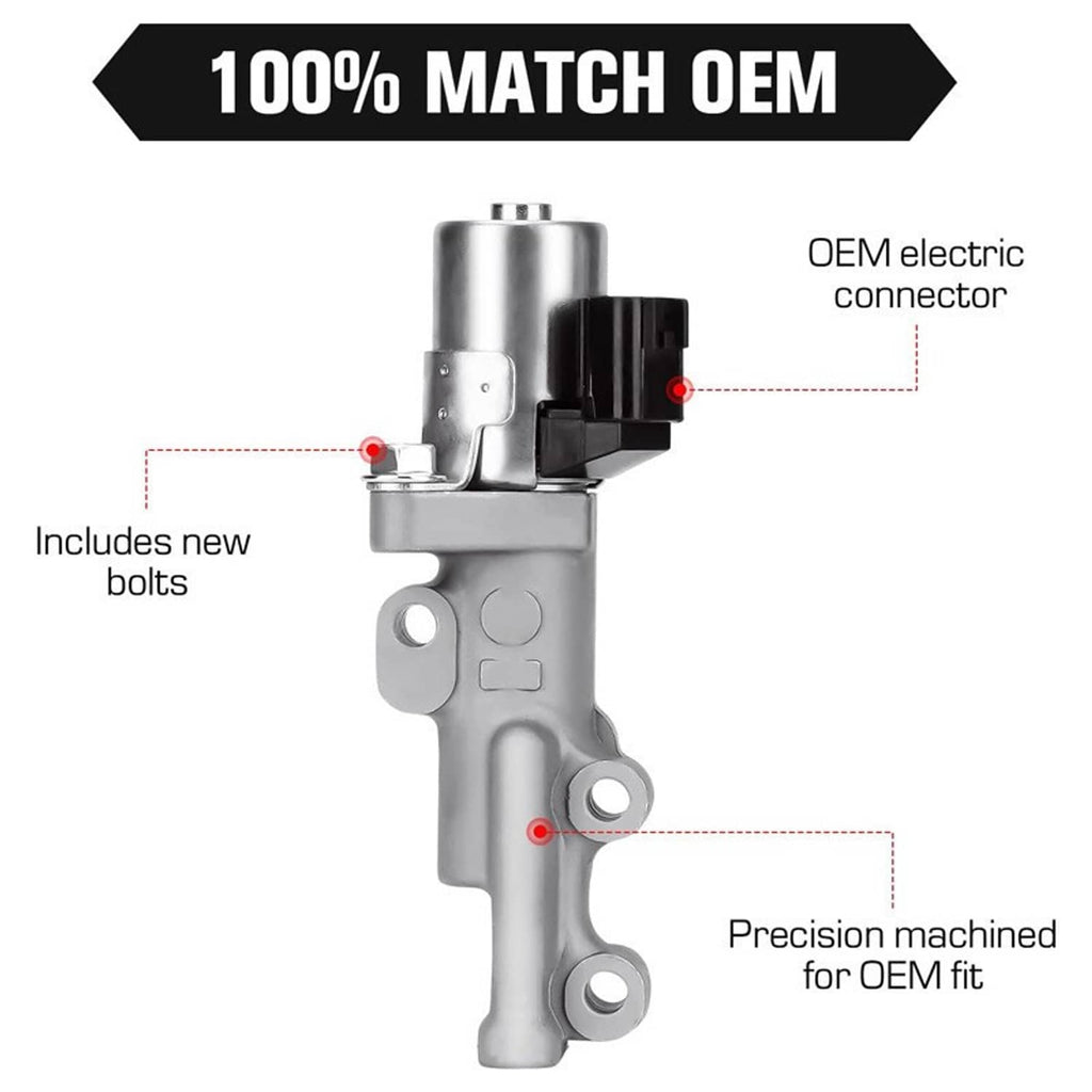 Variable timing solenoid with OEM-style electric connector and mounting holes