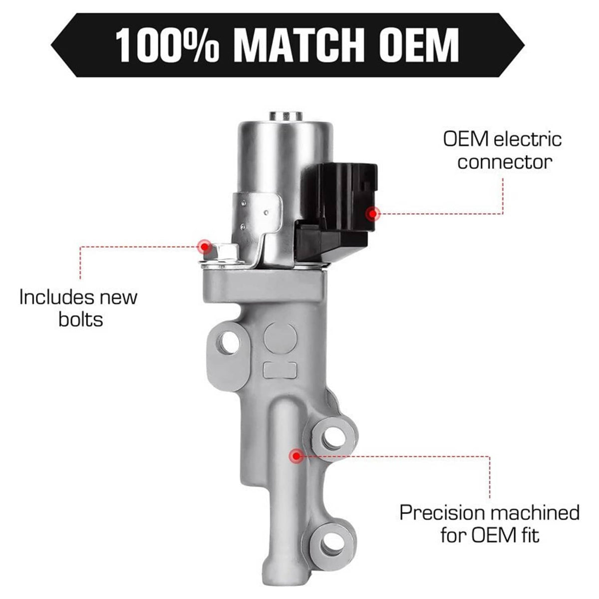 Variable timing solenoid with OEM-style electric connector and mounting holes