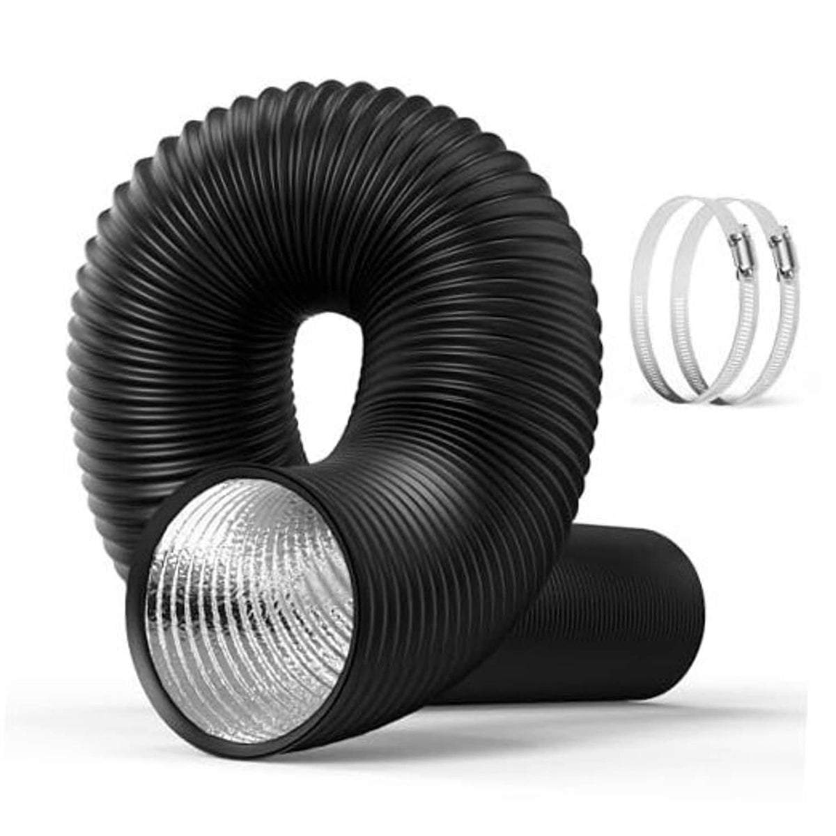 Black corrugated flexible duct with silver inner lining opening and two included clamps