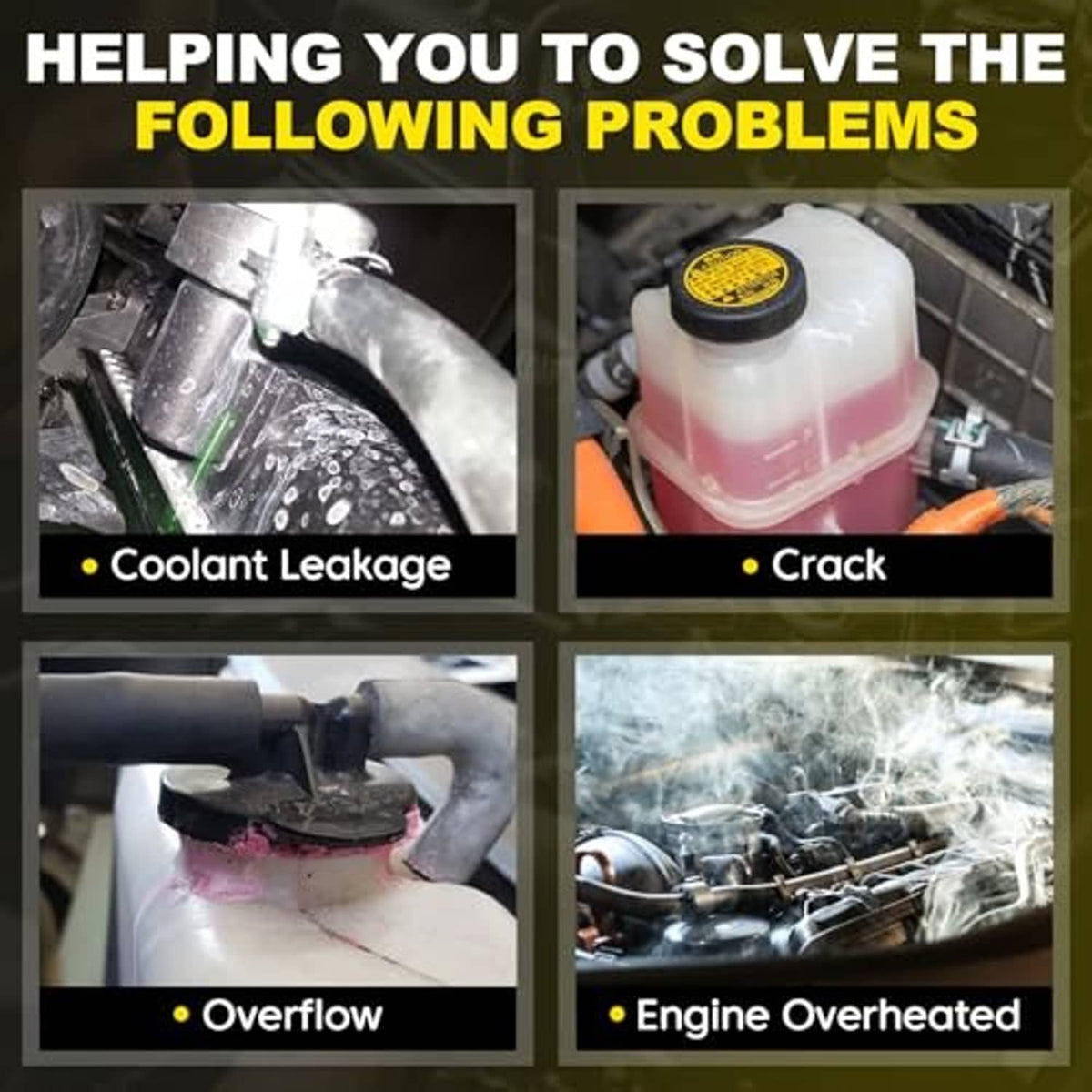 Engine coolant system issue examples with coolant container and reservoir images