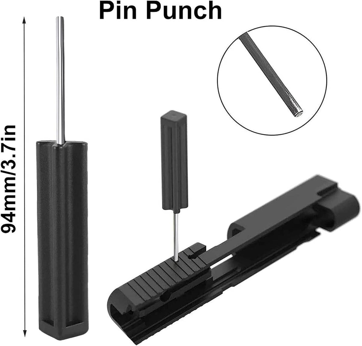 Pin punch tool with long steel punch rod and black grip housing