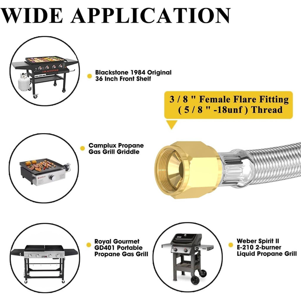 Silver braided stainless propane hose with brass 3/8-inch flare fitting end