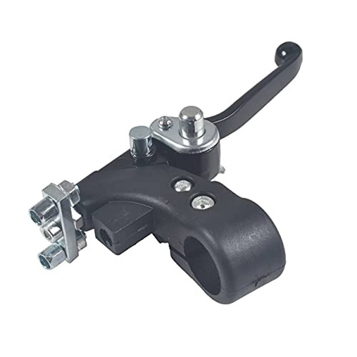 Black brake lever handle assembly with silver pivot and mounting hardware, quad ATV