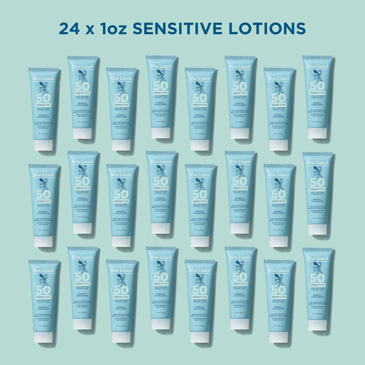 Pack of 24 SPF 50 sensitive mineral sunscreen tubes, 1 fl oz each.