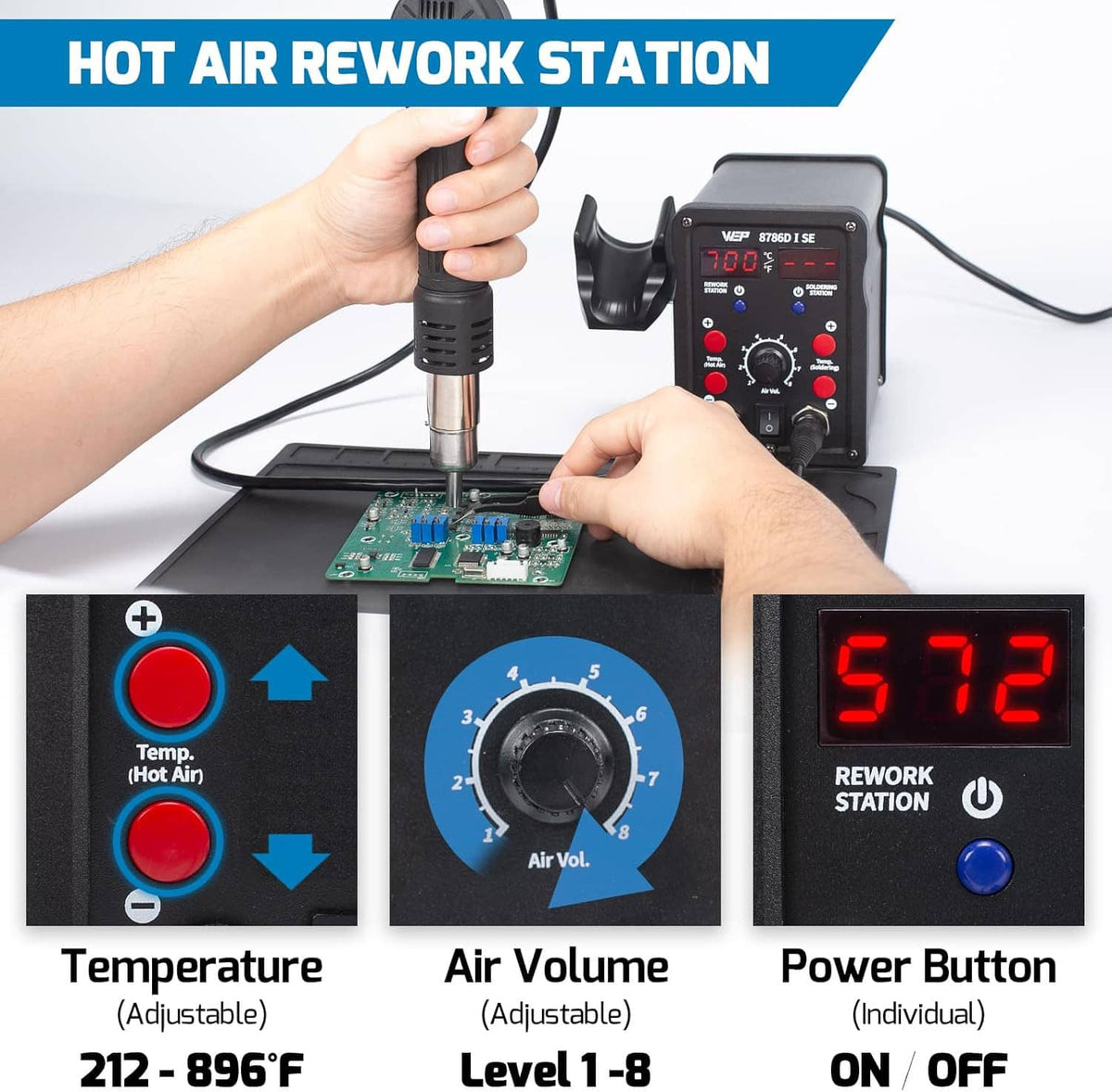 Hot air rework soldering station with controls and circuit board during use