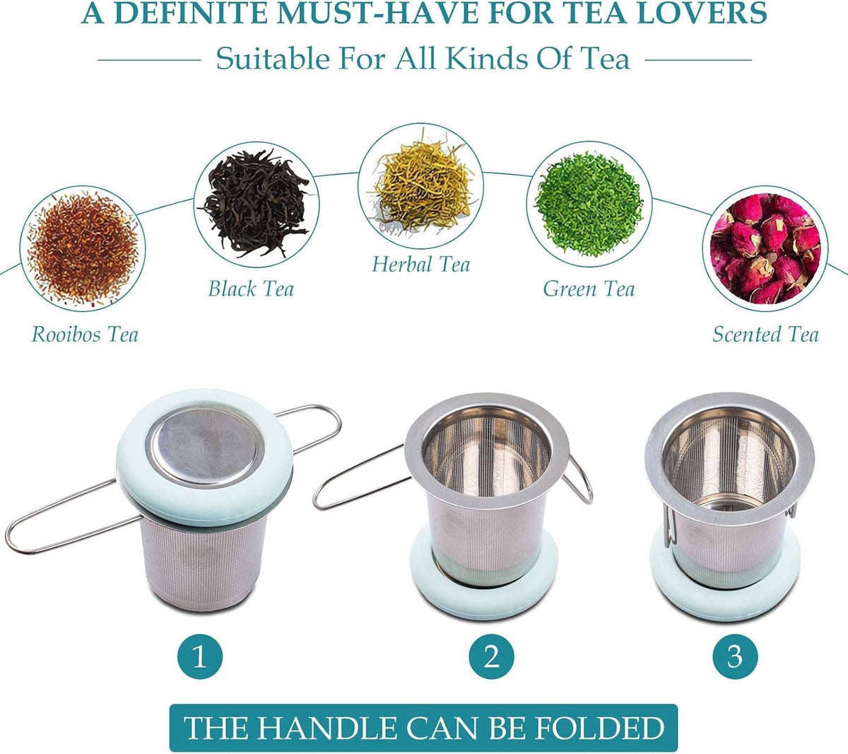 Stainless tea infuser set with folding handle and extra-fine mesh basket