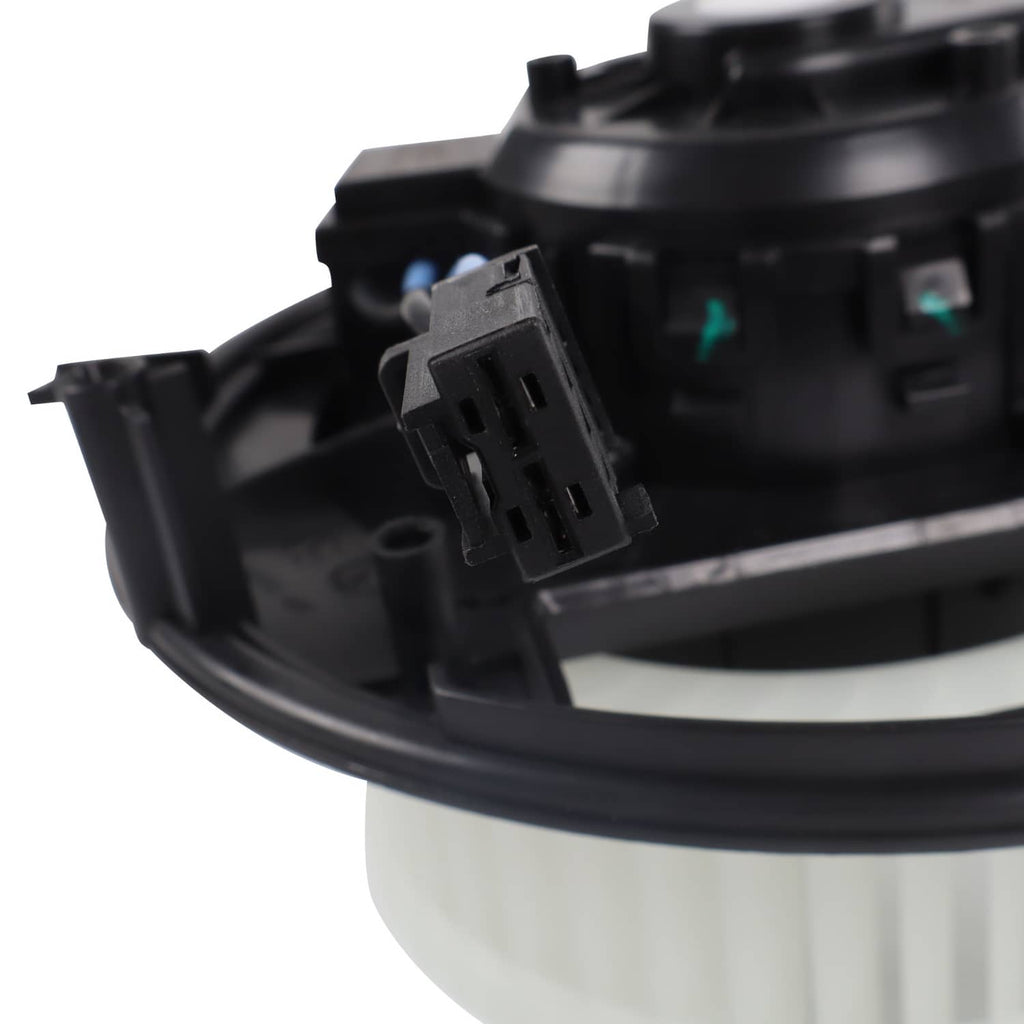 HVAC blower motor connector view with black housing and blue wire