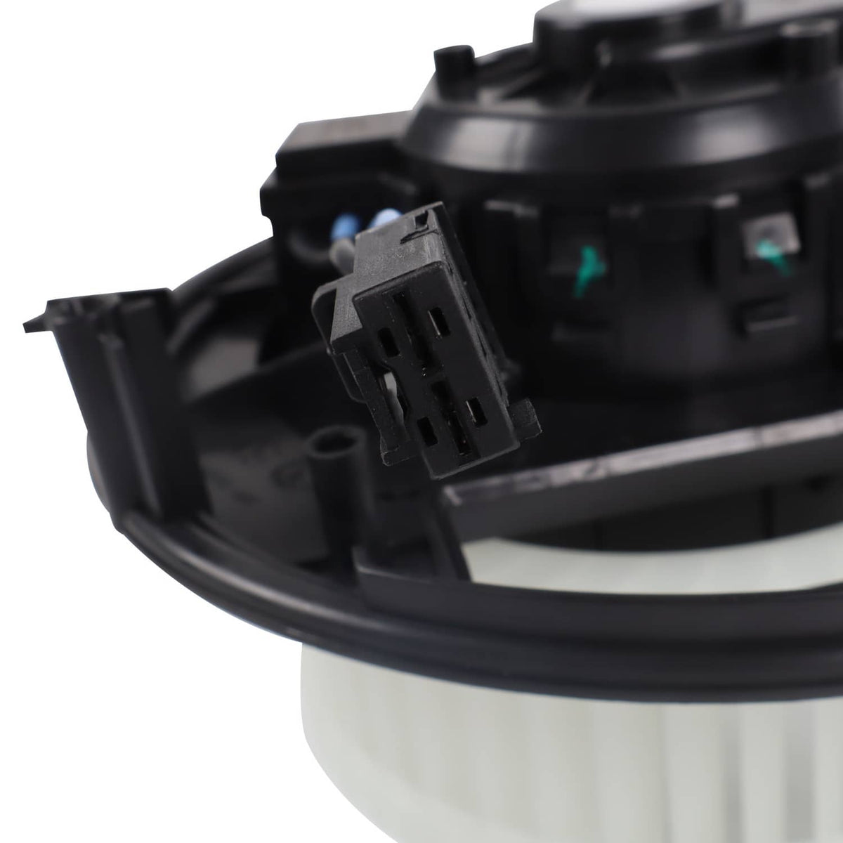 HVAC blower motor connector view with black housing and blue wire