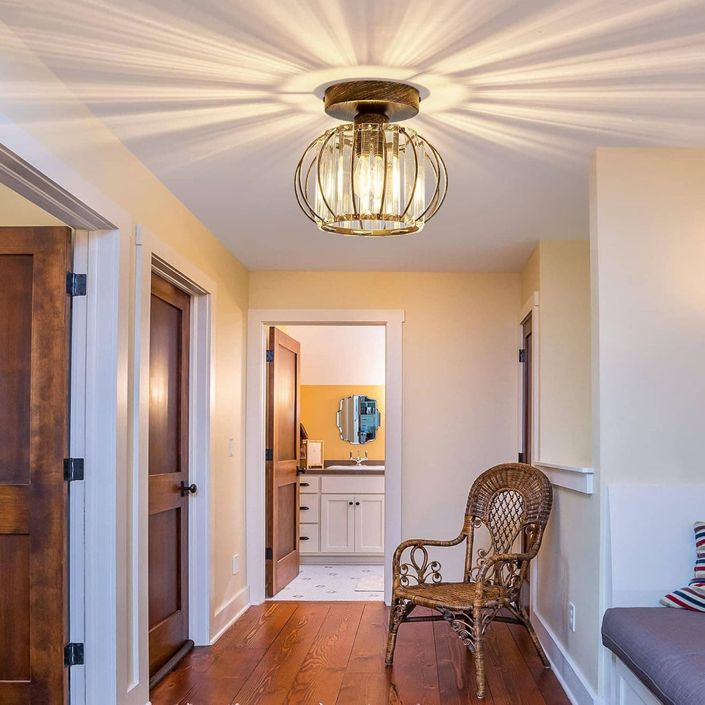 Oil-rubbed bronze semi-flush crystal ceiling light with round canopy and clear glass globe