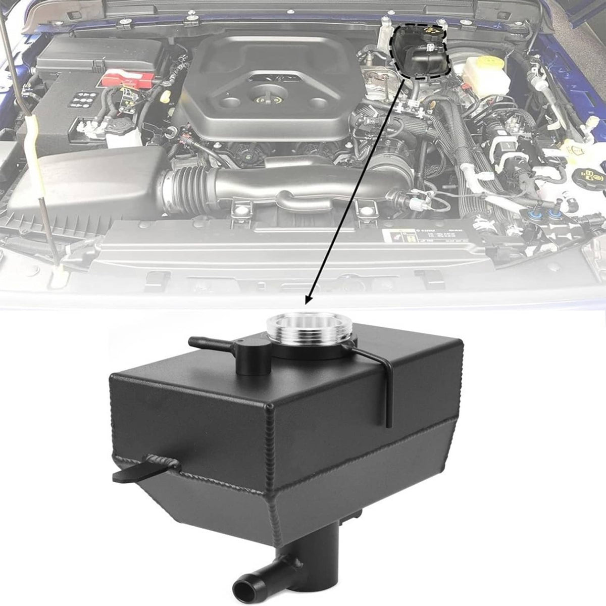 Black coolant reservoir tank with threaded inlet and hose outlet shown with an arrow