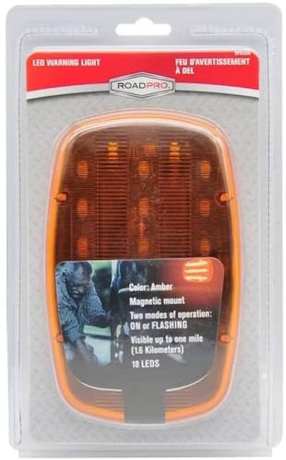 Amber LED magnetic warning light in retail blister packaging with mounting bracket.