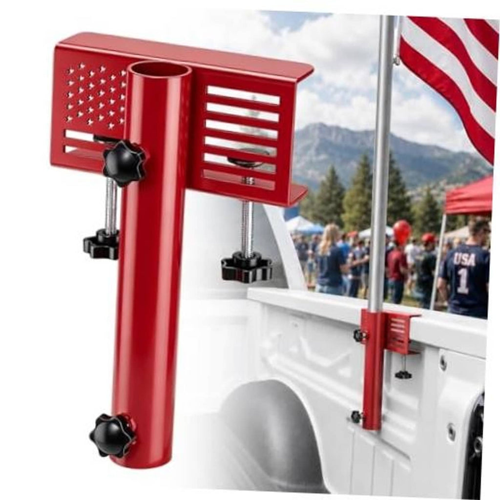 Red no-drill clamp-on flag pole mount with tall pole on white pickup bed