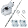 Rear differential assembly with axle shaft, wheel hub flanges, and mounting hardware