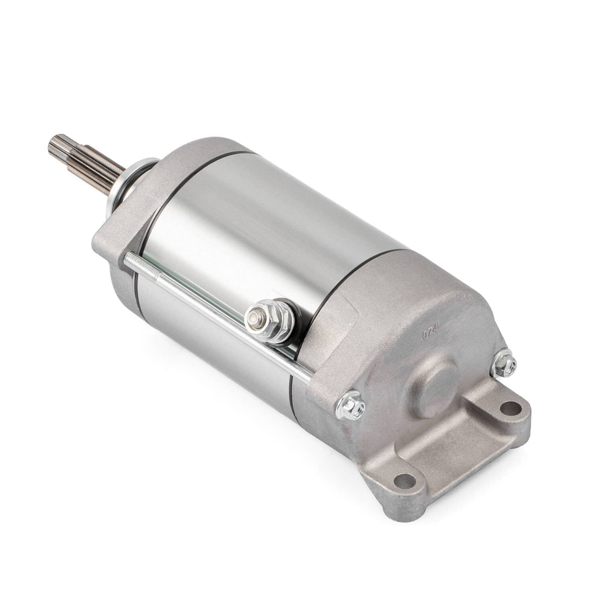 Starter motor angled view with output shaft and dual side mounting feet