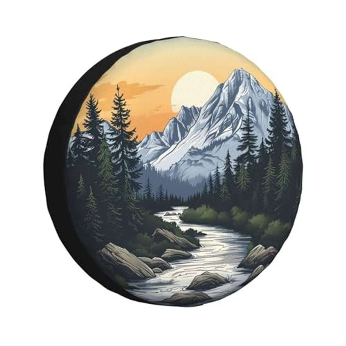 Spare tire cover with black edge and full-color mountain sunset scenery print
