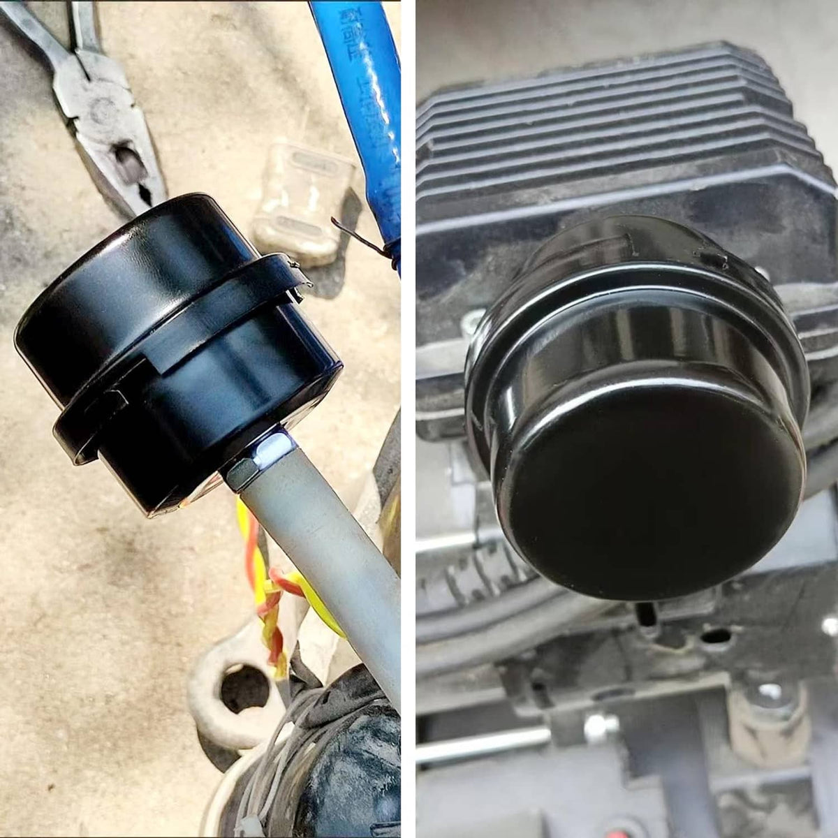 Air compressor noise muffler with black housing, yellow pleated filter, and threaded inlet