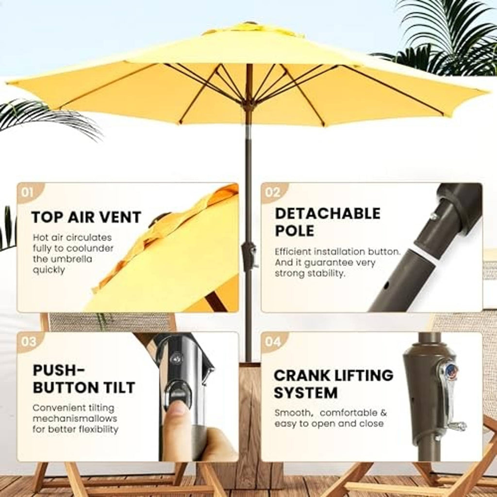 Yellow patio umbrella open canopy with rib framework and tilt/crank mechanism
