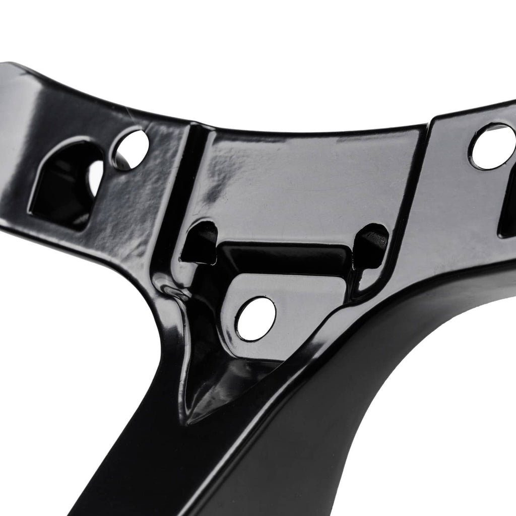 Close-up of black metal front cowl stay bracket with circular mounting holes
