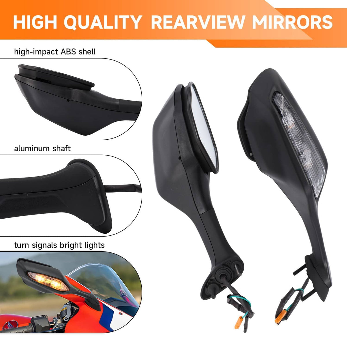 Motorcycle rearview wing mirrors, black ABS housing with bright LED turn signal.
