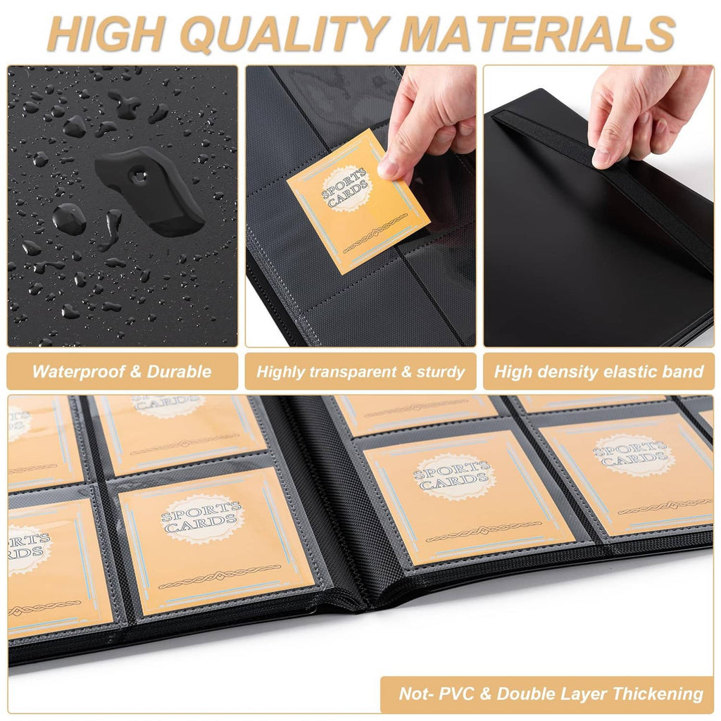 Black trading card binder with textured cover and secure elastic band