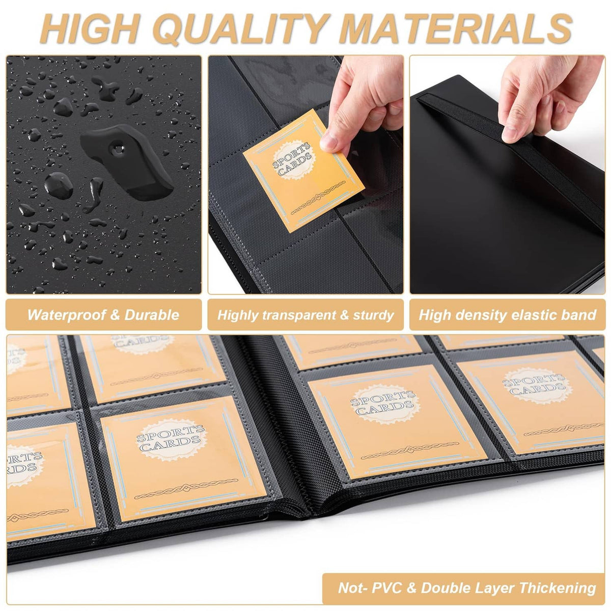 Black trading card binder with textured cover and secure elastic band