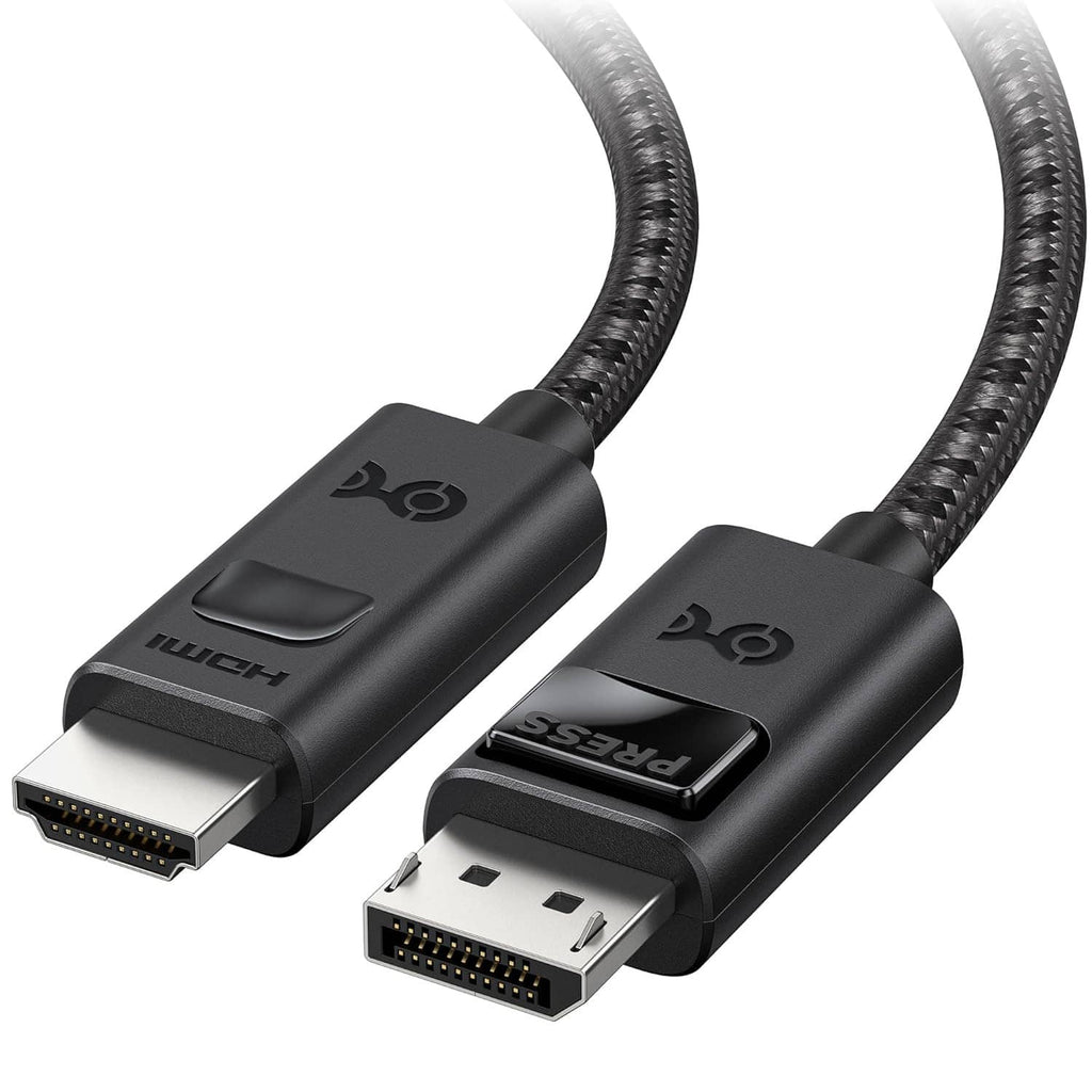 Black braided DisplayPort-to-HDMI cable showing DisplayPort and HDMI plug ends