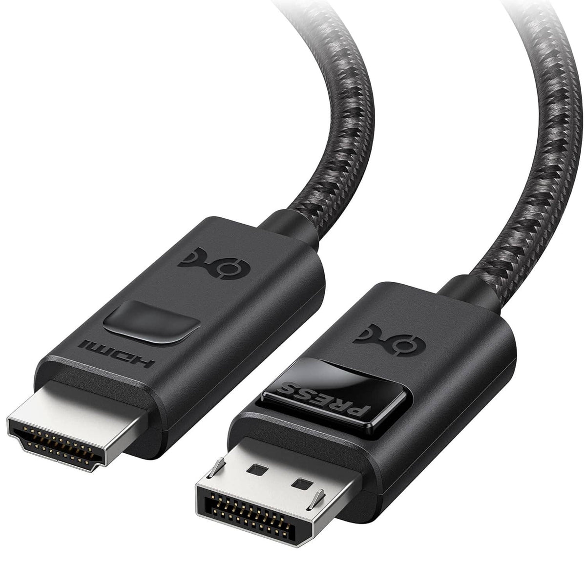 Black braided DisplayPort-to-HDMI cable showing DisplayPort and HDMI plug ends