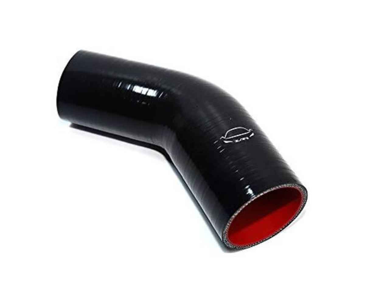 Black reinforced silicone hose elbow, red rim and embossed logo