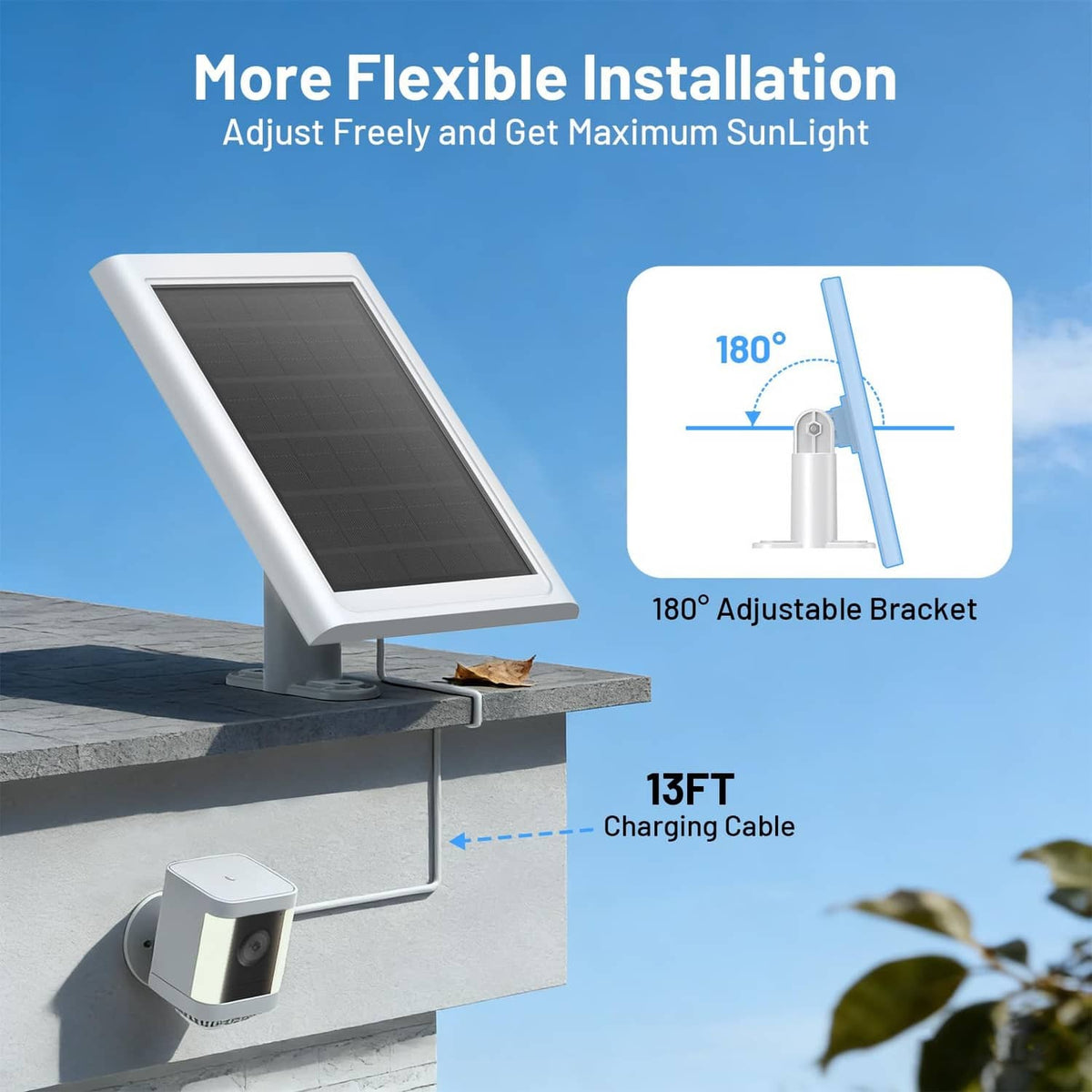 Adjustable white solar panel with 180° bracket and long charging cable