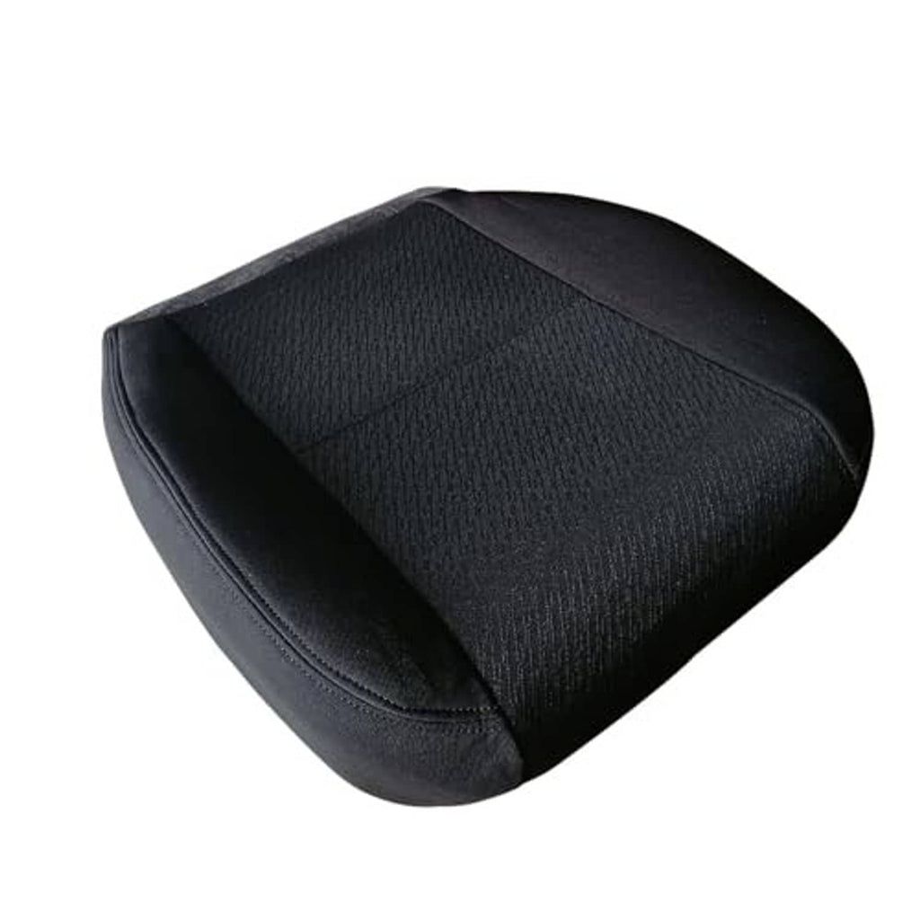 Black cloth bottom seat cover with curved side bolsters and double-stitched seam.
