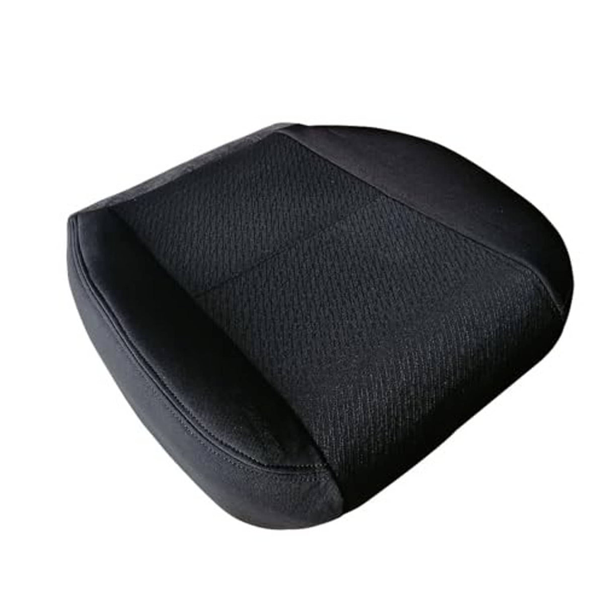 Black cloth bottom seat cover with curved side bolsters and double-stitched seam.