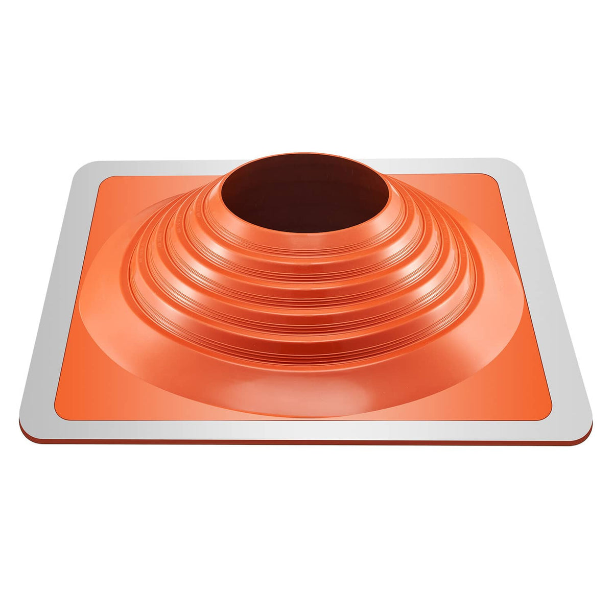 Orange flexible silicone roof pipe flashing boot with fluted collar and metal mounting base