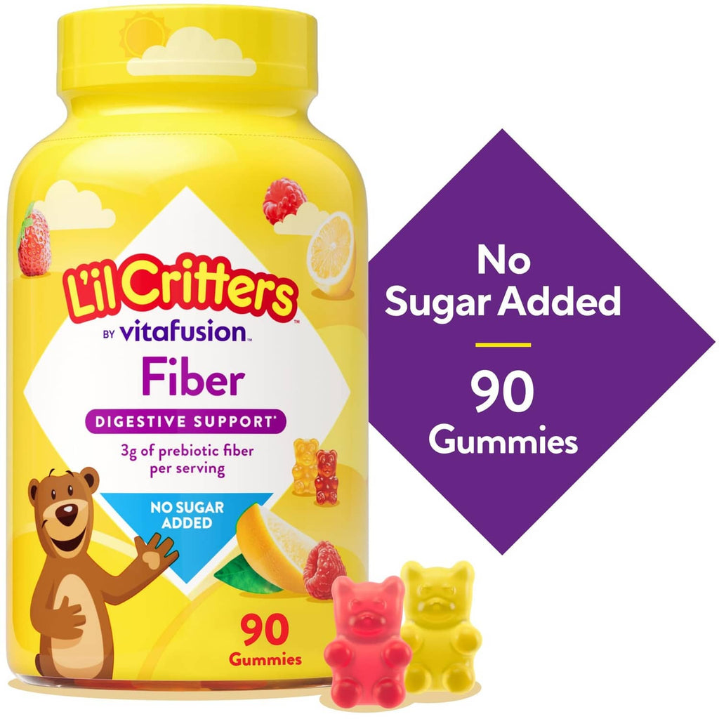 Kids fiber gummy bears bottle with “No Sugar Added” label, 90 gummies