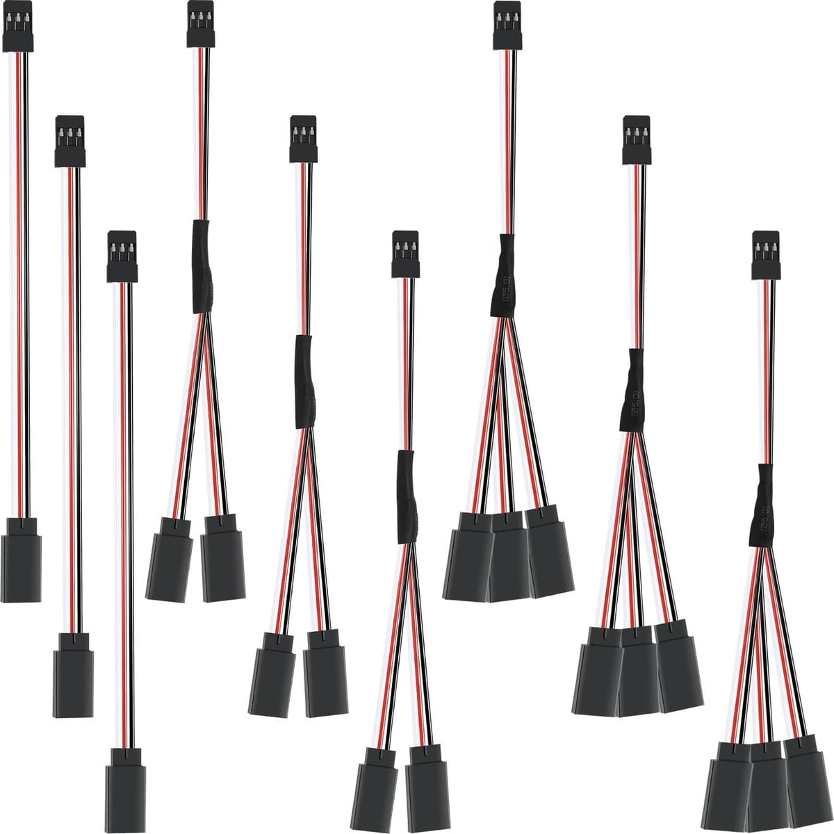 Black 3-pin Y-splitters cable set, multiple servo leads with JST-style connectors