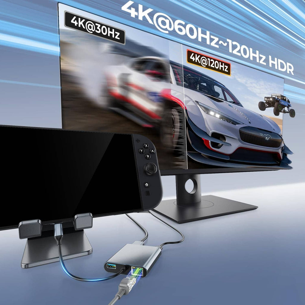 Portable USB-C docking station connected to a display with Ethernet and USB ports