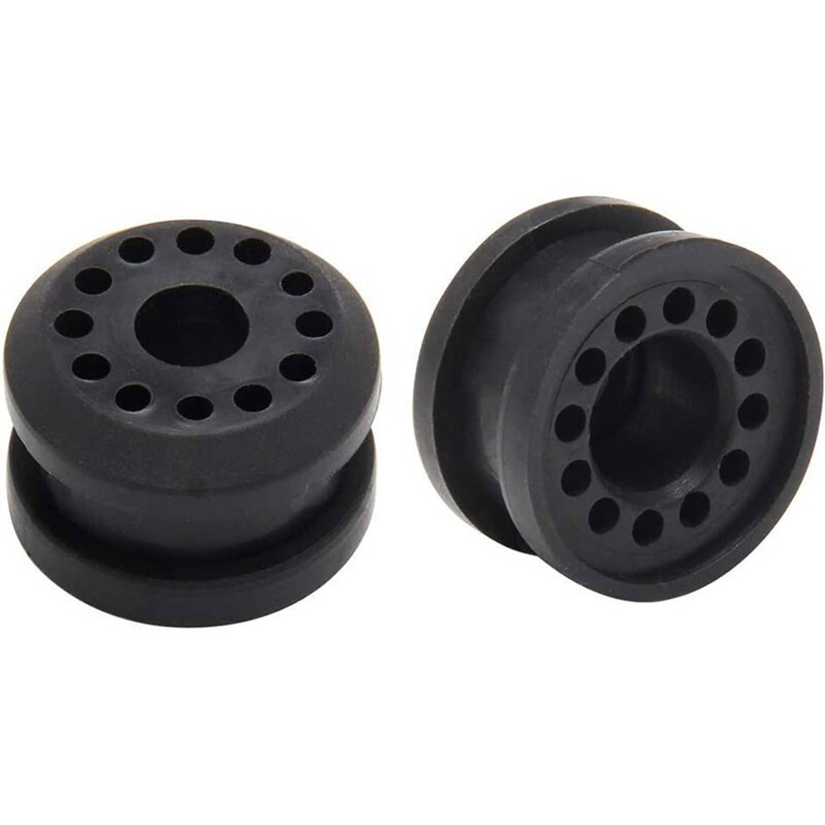 Pair of black grommet bushings with circular mounting holes