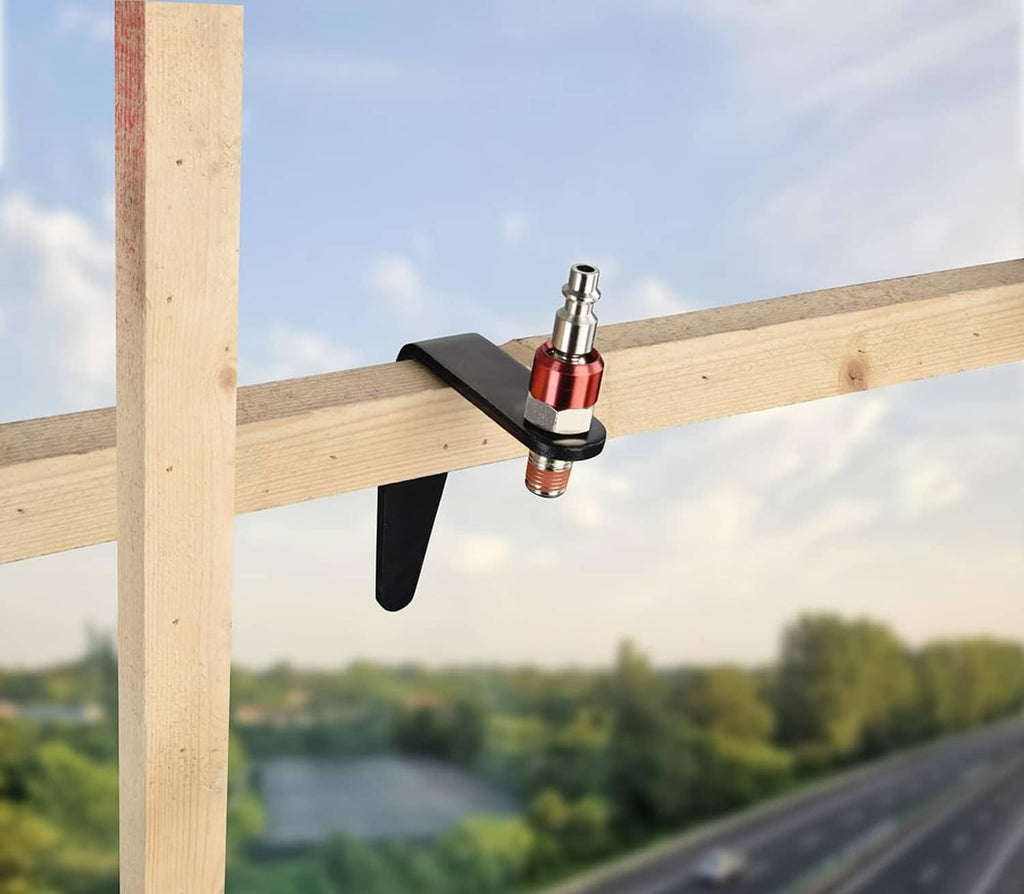 Rafter hook hanger clamped on a wooden beam with black body and silver/red fittings