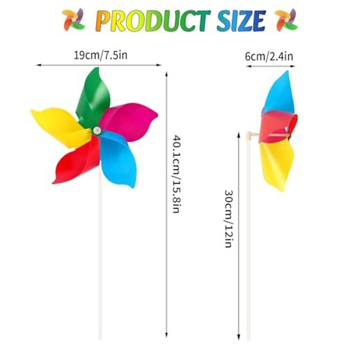 Rainbow pinwheel wind spinner size chart with stick height and blade width measurements