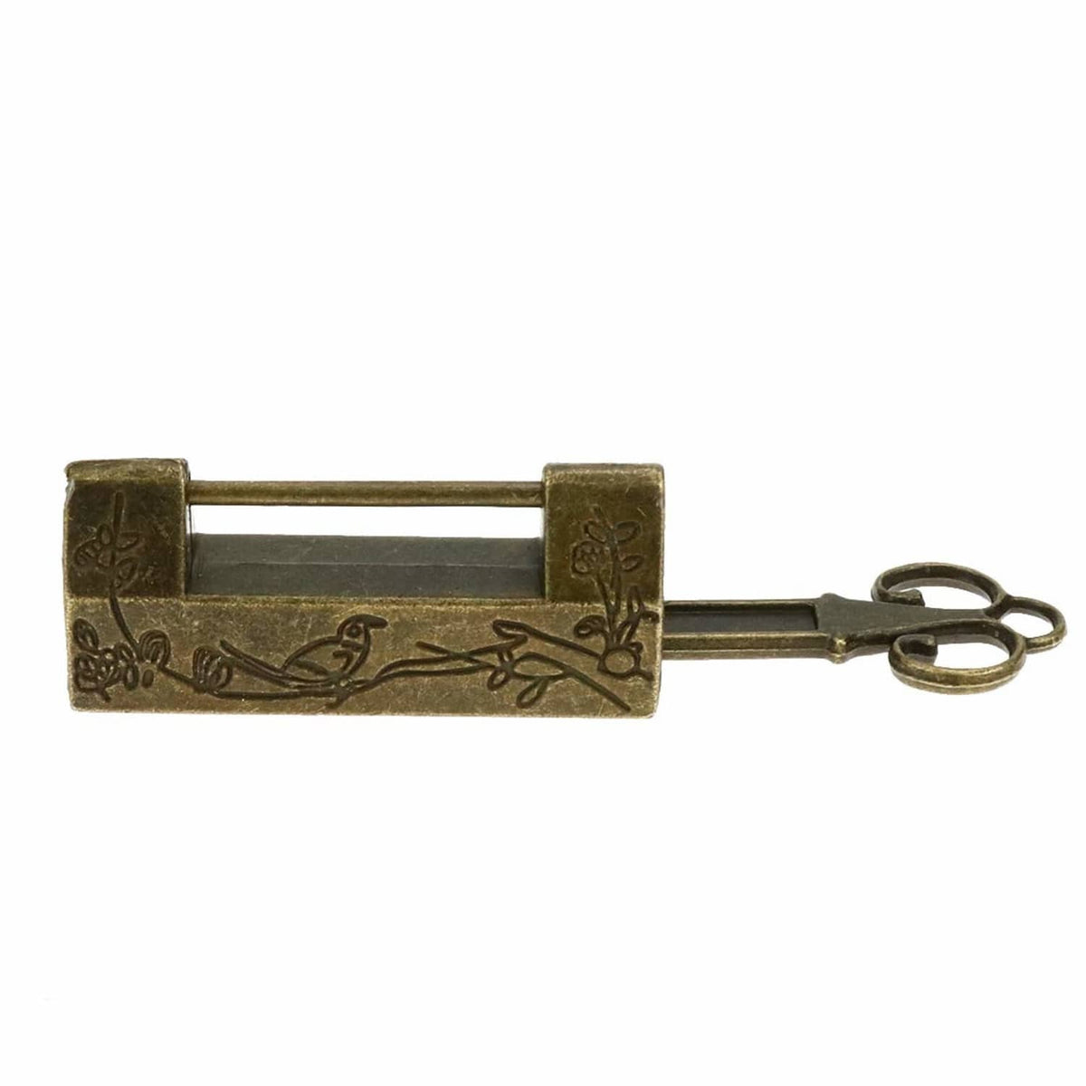Antique bronze padlock with bird and flower engravings and attached metal key