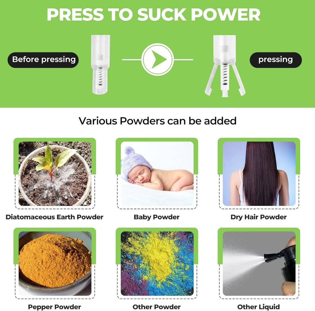 Press-to-suck powder duster sprayer with refill nozzle attachment