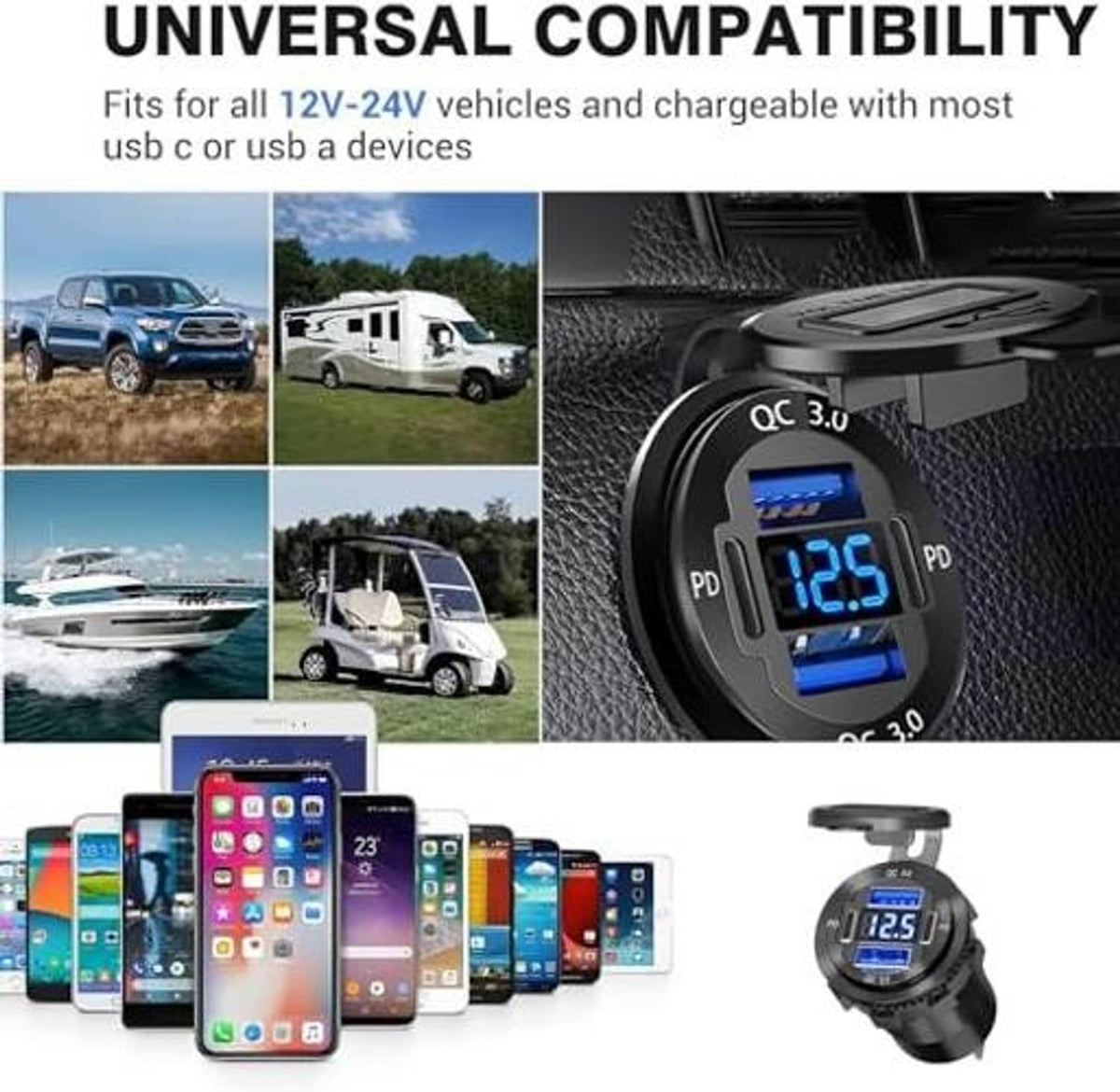 Round black USB outlet with digital display and blue QC/PD ports, compatibility graphic
