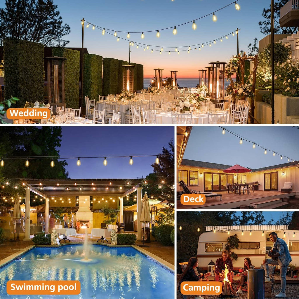 Outdoor string lights with clear bulbs on a garden event setup