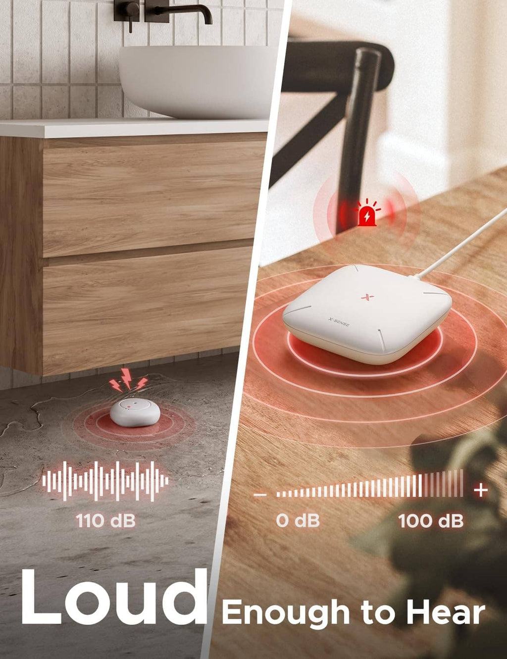 White X-Sense water leak detector with red alert indicator glow on floor