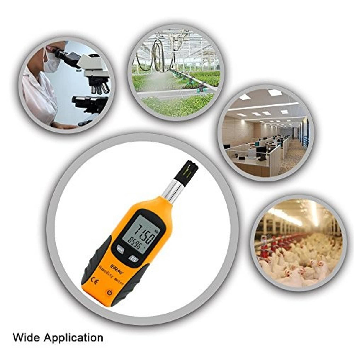 Digital humidity and temperature meter with orange body and probe, shown with use icons.