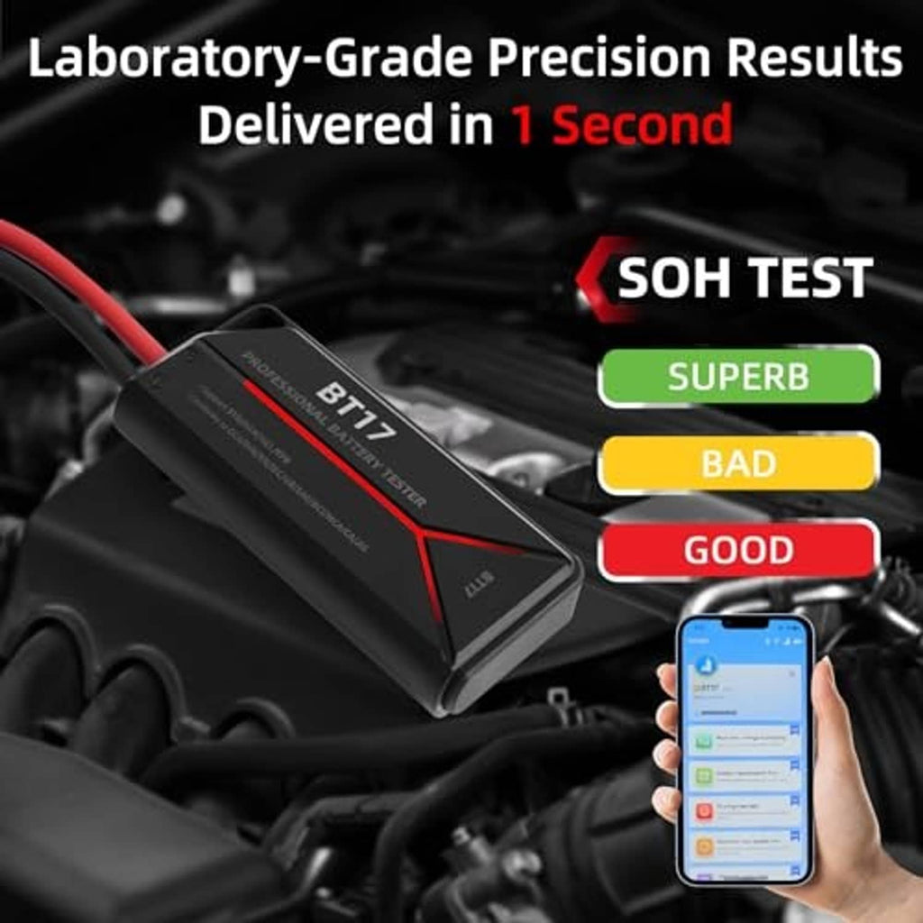 BT17 battery tester on car engine with red/black leads and a phone control screen