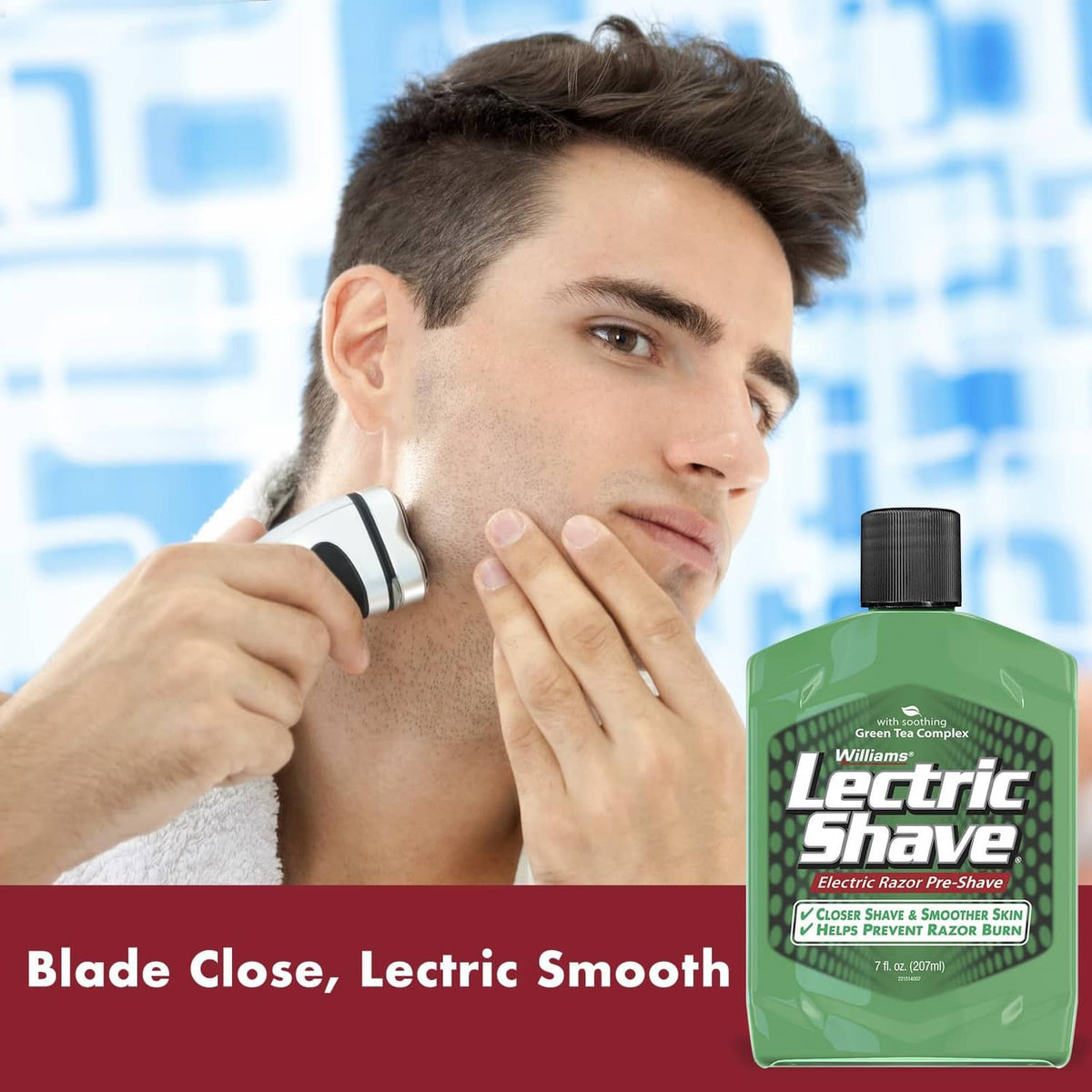 Man using an electric razor while holding green electric razor pre-shave bottle