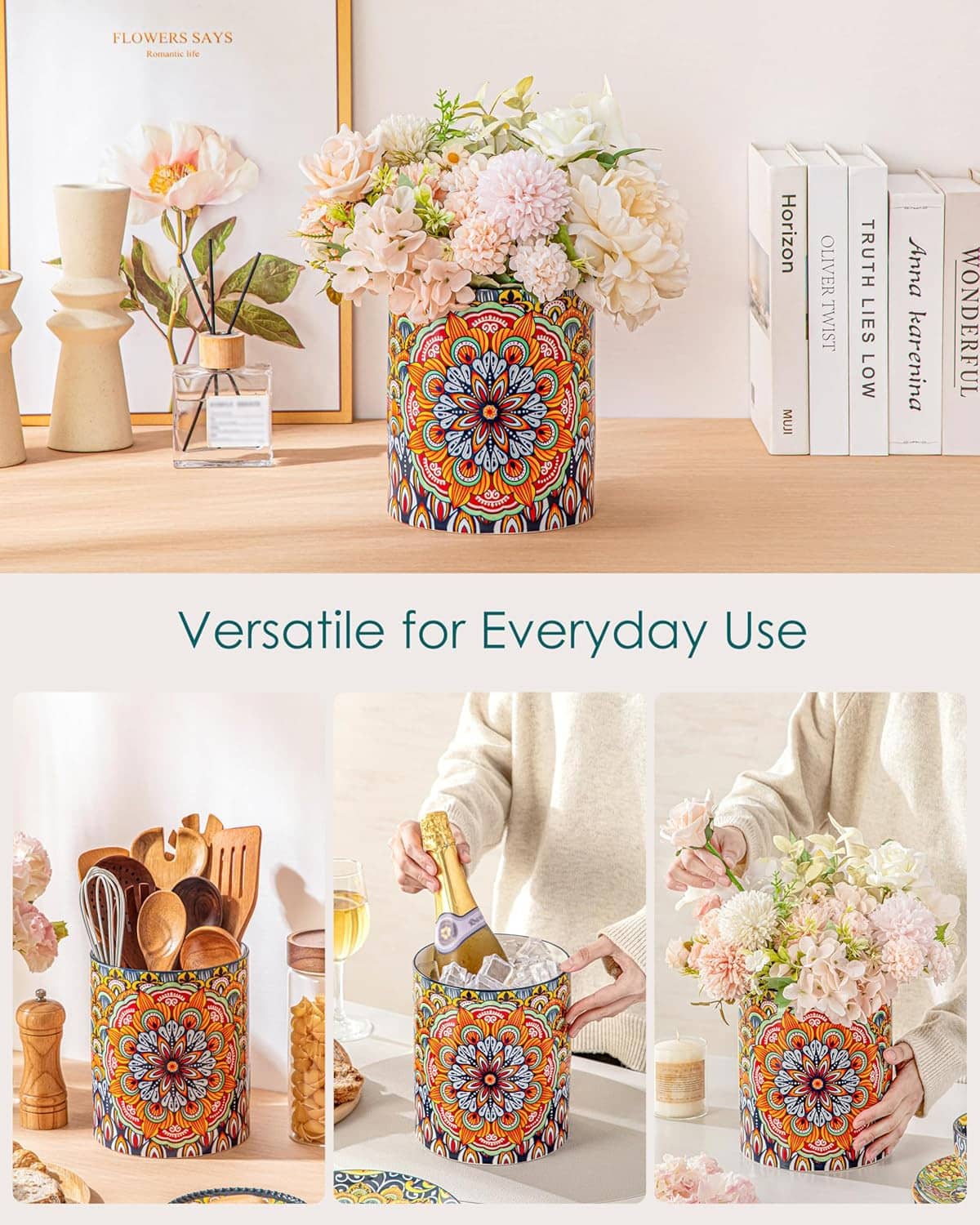 Decorative floral ceramic utensil holder on a tabletop, holding kitchen utensils and flowers
