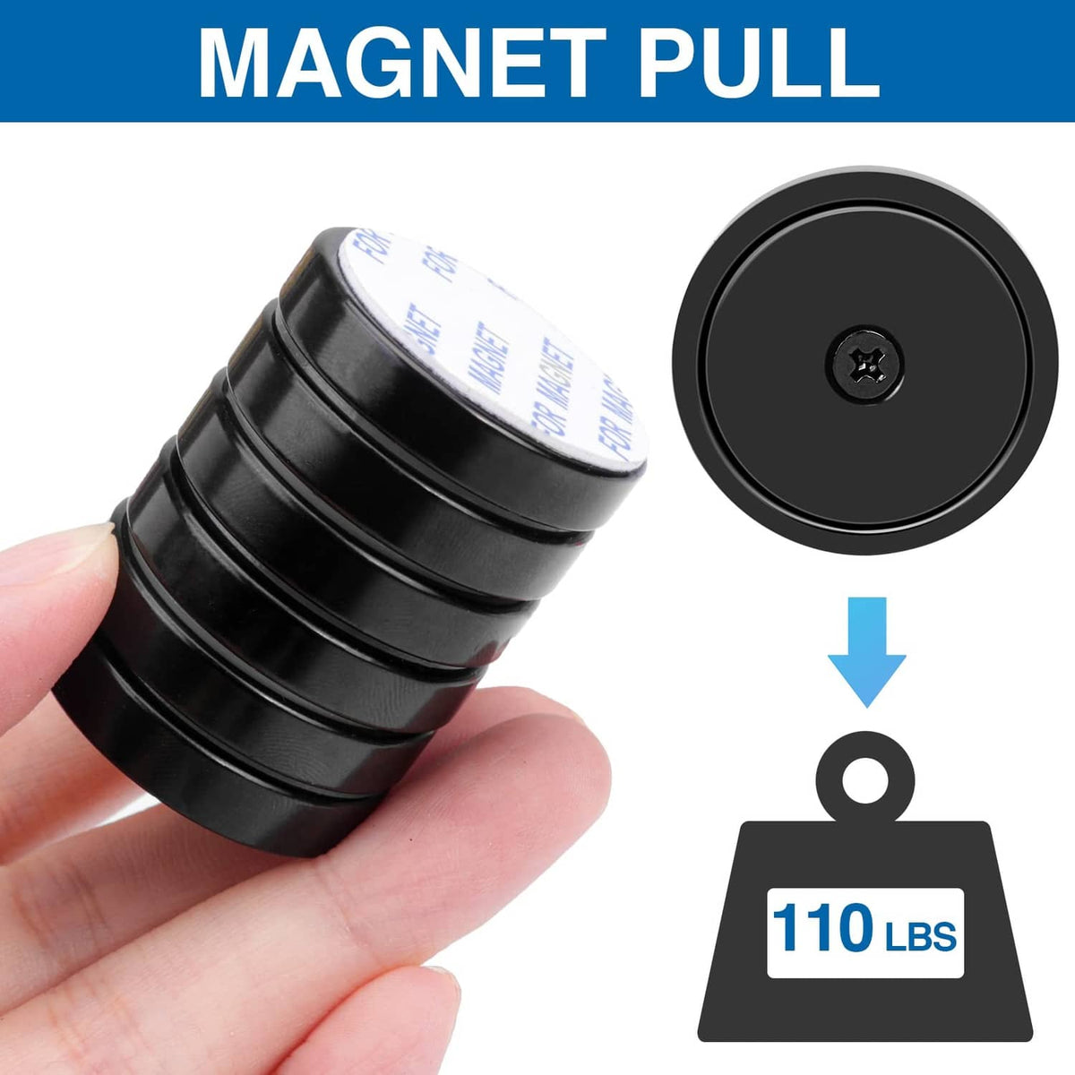 Black round magnets with center screw hole, handheld showing strong pull force