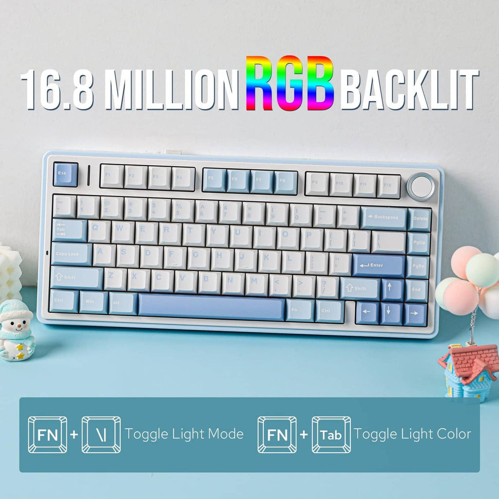 Sea salt blue mechanical keyboard with white and blue keycaps and RGB backlight